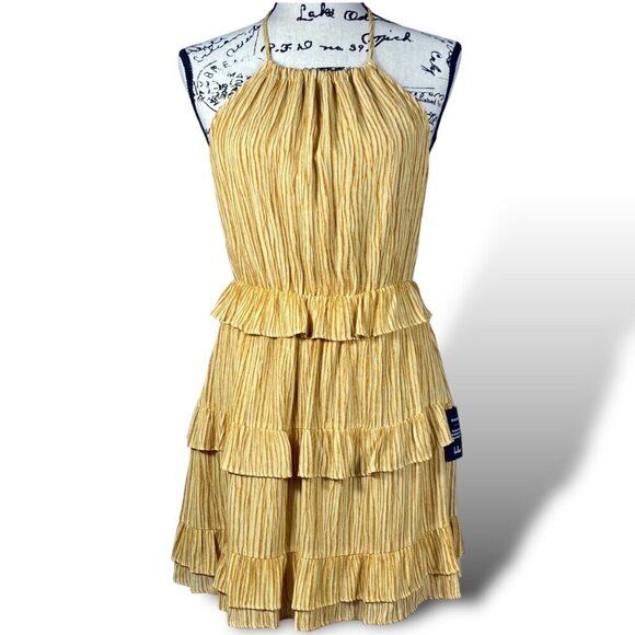 Lulus Dress Womens Sz XS Yellow Striped Downright Darling Ruffled Halter Mini - Picture 1 of 16